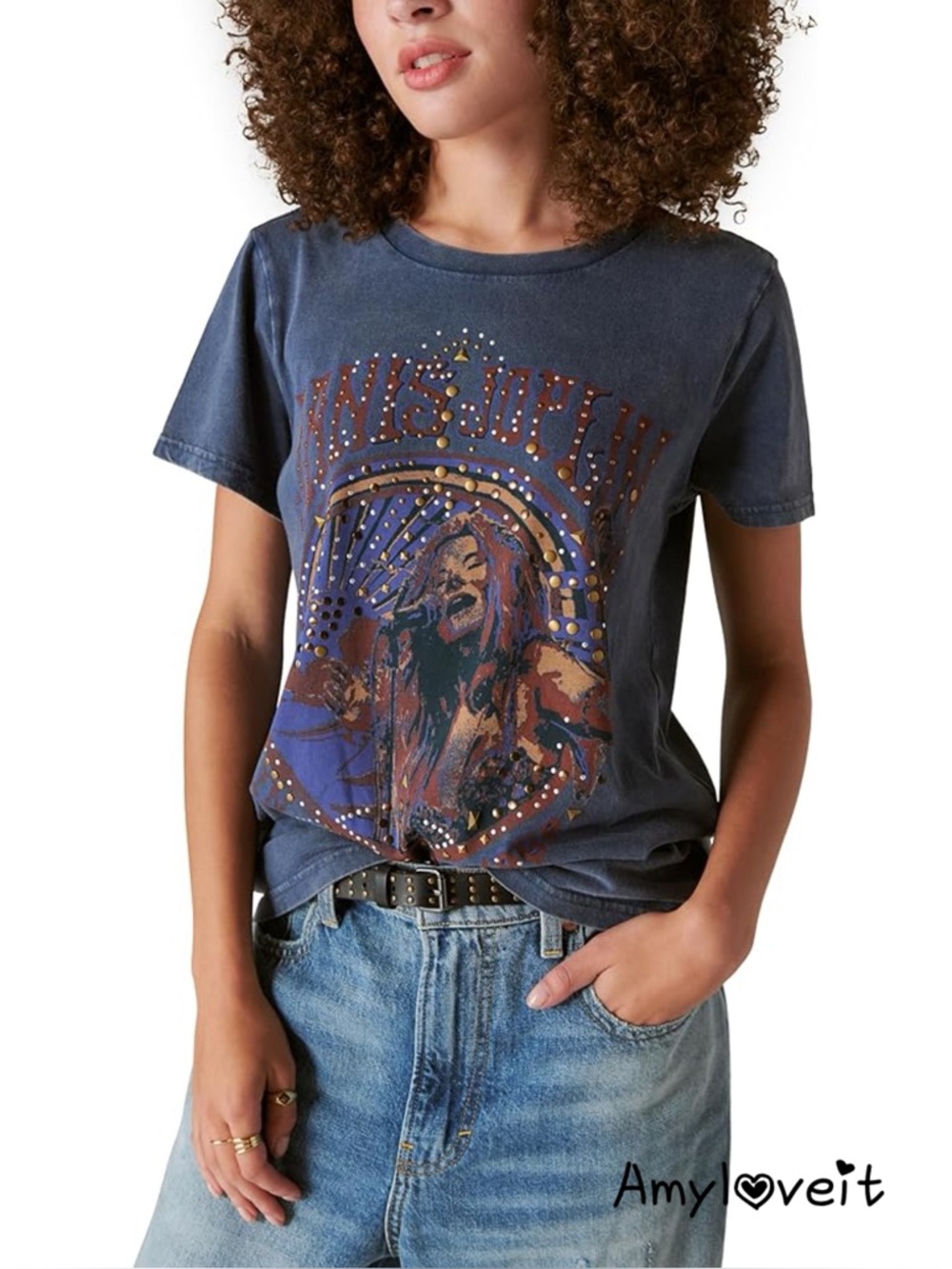 Lucky Brand Janis Joplin Studded Embellished Band T-Shirt  #24
